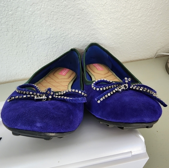 Isaac Mizrahi Faun2 Gem Bow Blue Flats Suede Dressy Ballerina Shoes Size 8 - Picture 3 of 8